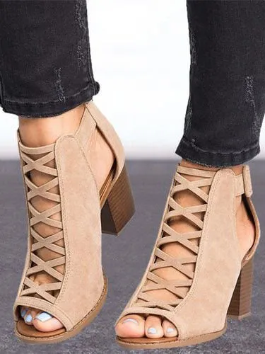Summer Thick with High Heel Roman Shoes Fish Mouth Hollow Large Size Buckle Sandals