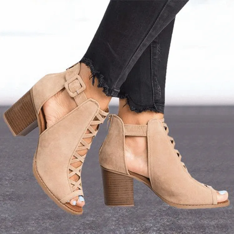 Summer Thick with High Heel Roman Shoes Fish Mouth Hollow Large Size Buckle Sandals
