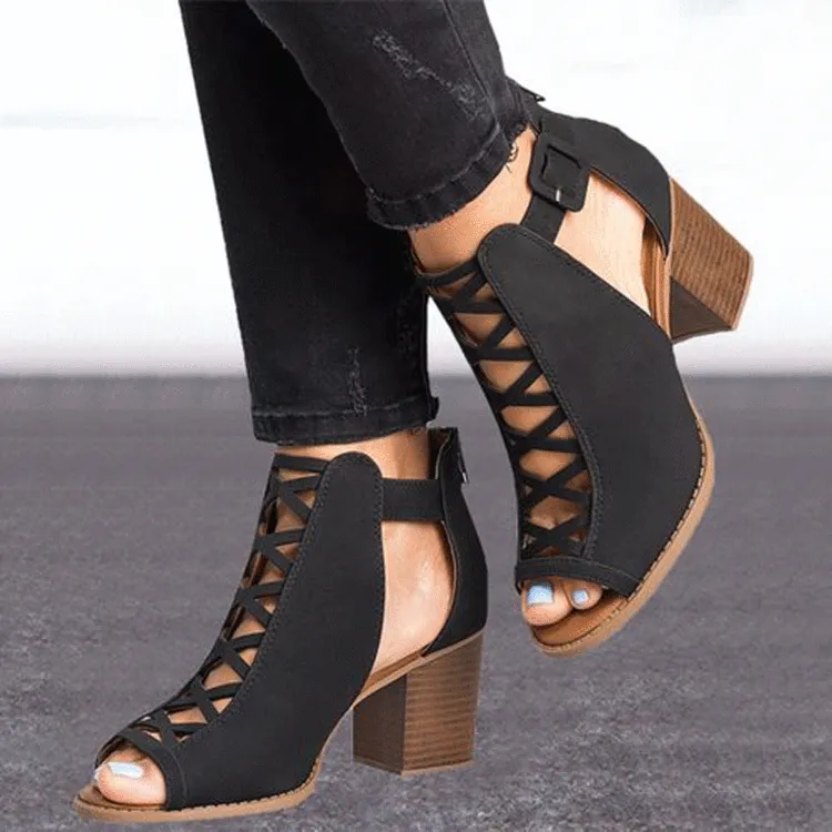 Summer Thick with High Heel Roman Shoes Fish Mouth Hollow Large Size Buckle Sandals