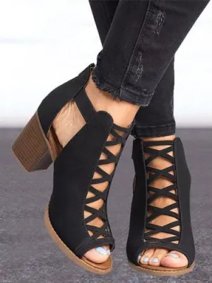 Summer Thick with High Heel Roman Shoes Fish Mouth Hollow Large Size Buckle Sandals