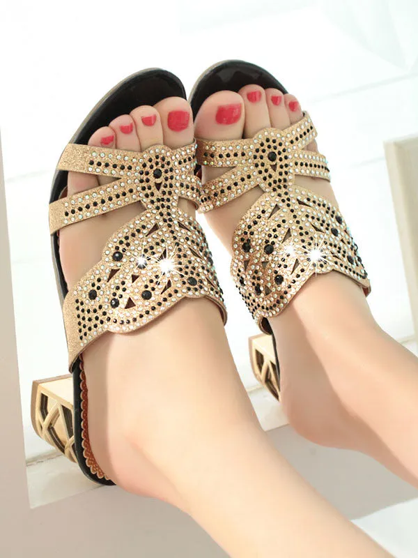 Summer Women's Sandals New Rhinestone Thick with Hollow Word Drag Fish Mouth Beach Sandals and Slippers Women's Large Size
