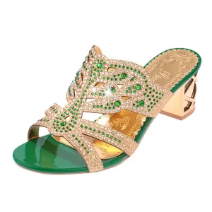 Summer Women's Sandals New Rhinestone Thick with Hollow Word Drag Fish Mouth Beach Sandals and Slippers Women's Large Size