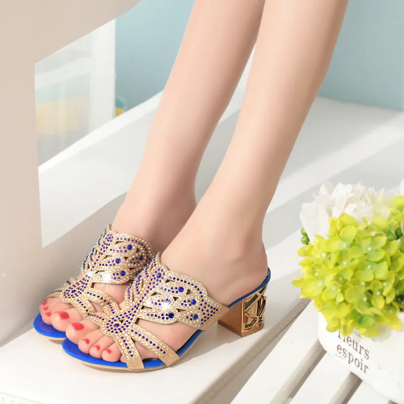 Summer Women's Sandals New Rhinestone Thick with Hollow Word Drag Fish Mouth Beach Sandals and Slippers Women's Large Size