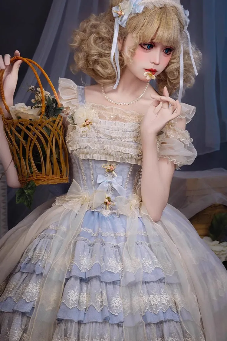 Sweet Triple-Layered Ruffle Bowknot Lace Princess Ballet Lolita Tiered Dress 2 Colors