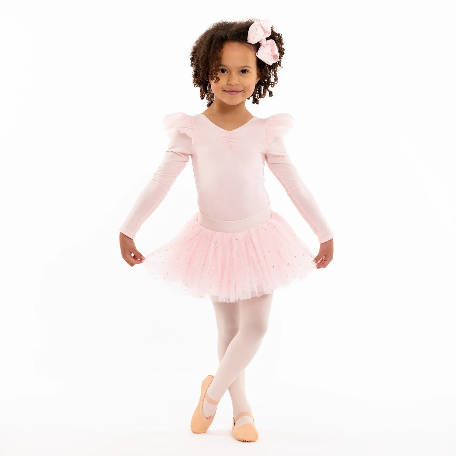 Tara Long Sleeve Leotard with Shoulder Ruffle in Pink