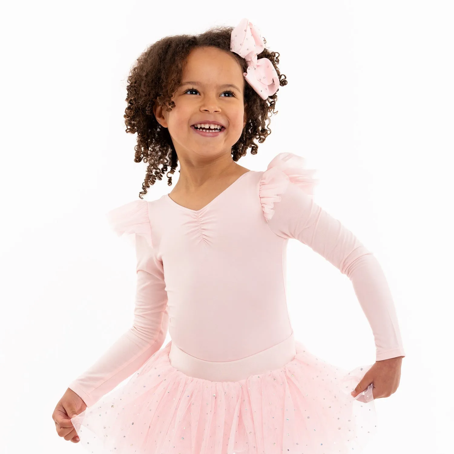 Tara Long Sleeve Leotard with Shoulder Ruffle in Pink