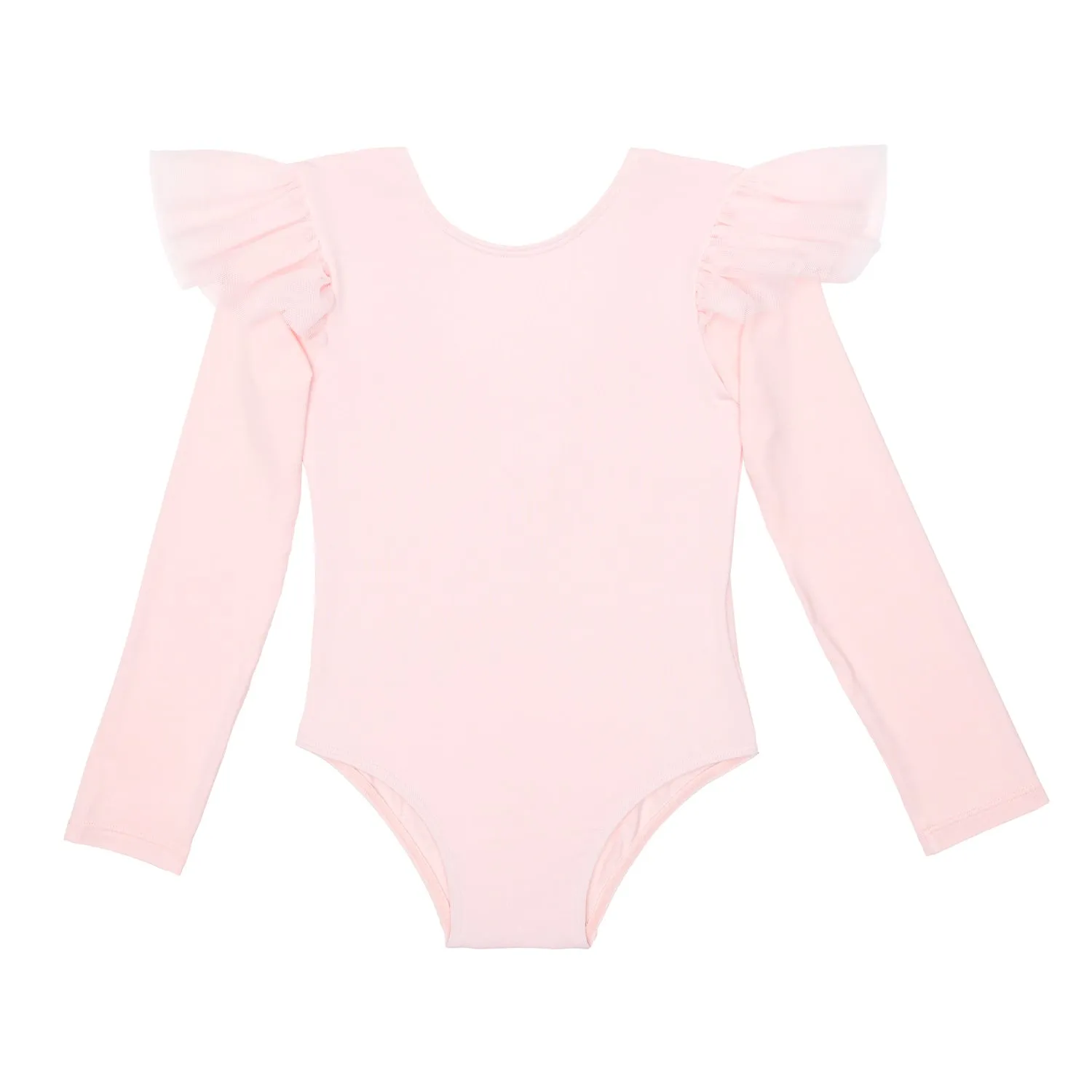 Tara Long Sleeve Leotard with Shoulder Ruffle in Pink