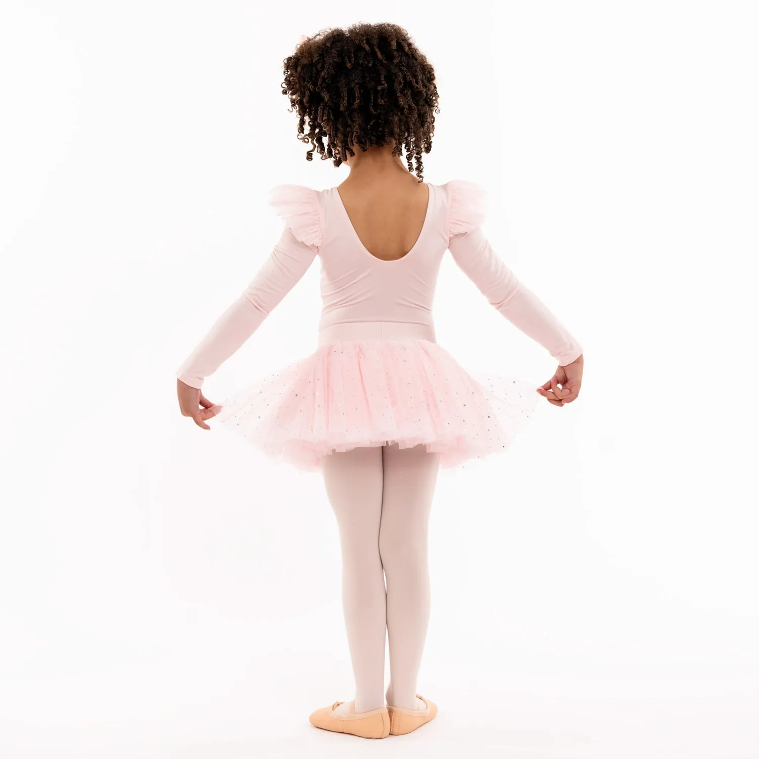 Tara Long Sleeve Leotard with Shoulder Ruffle in Pink