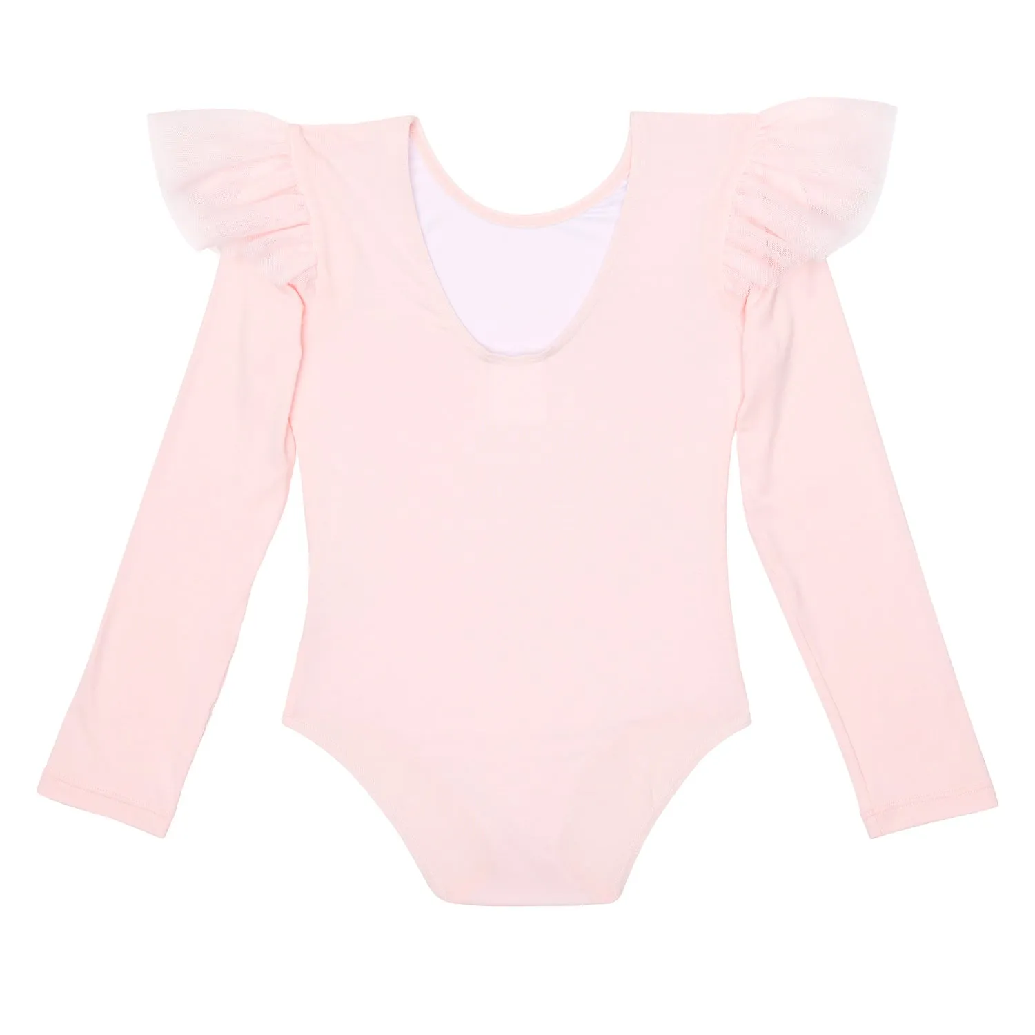 Tara Long Sleeve Leotard with Shoulder Ruffle in Pink