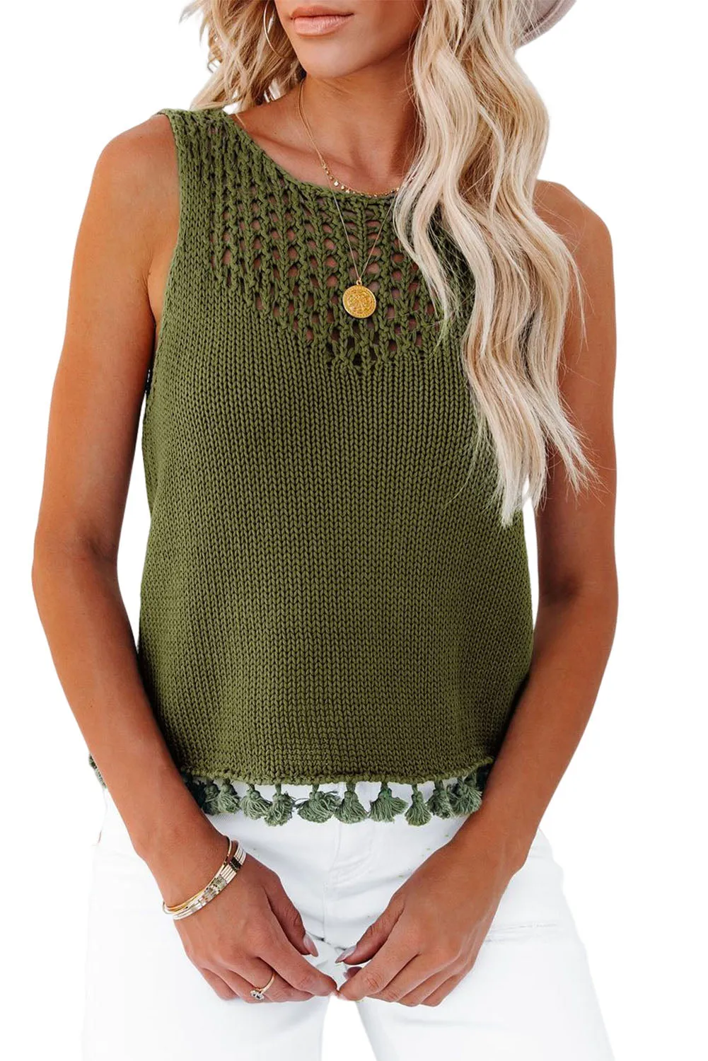 Tasseled Crochet Hollow-out Knit Tank