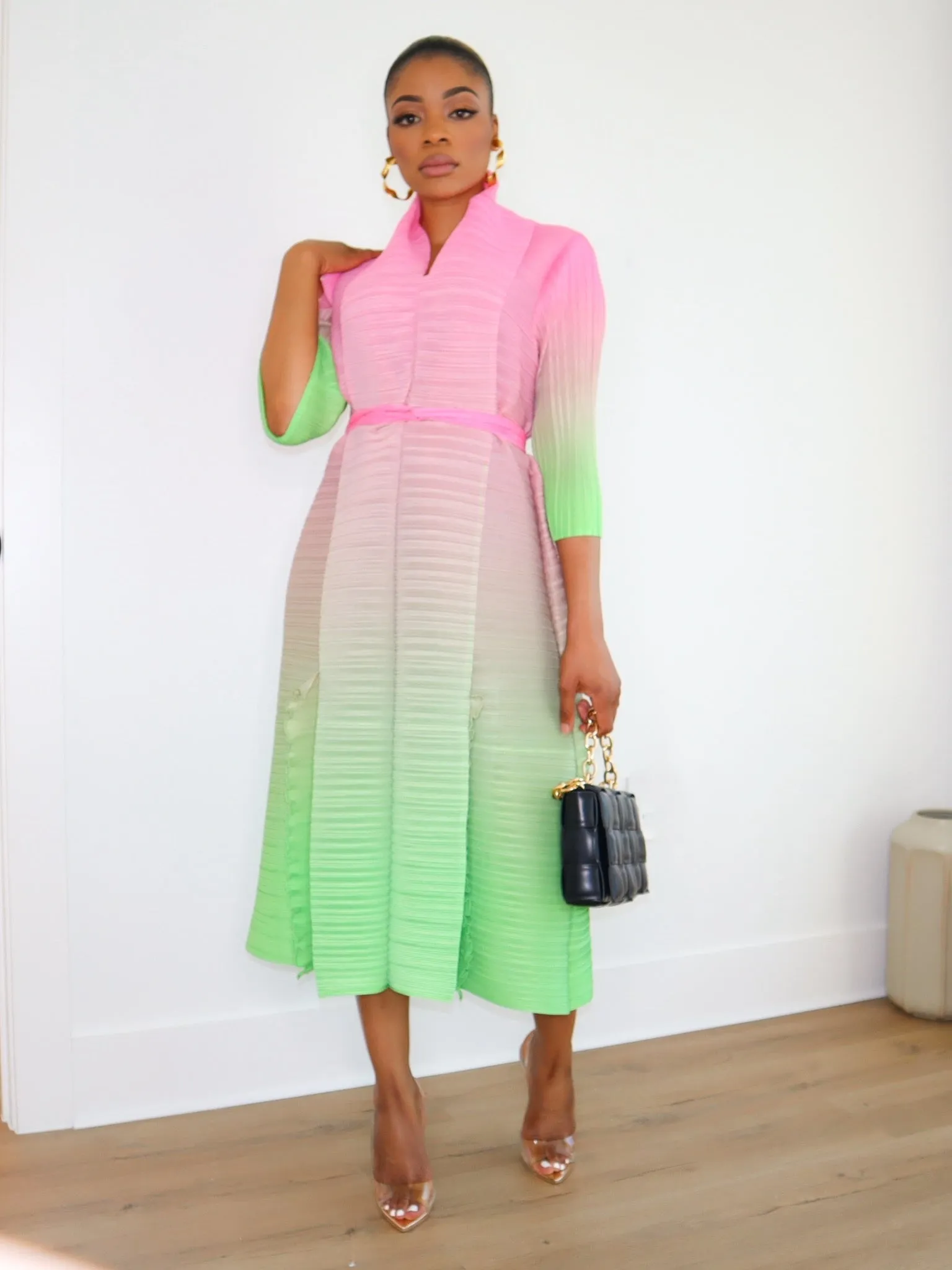 Tisha Pleated Dress (Pink-Green)