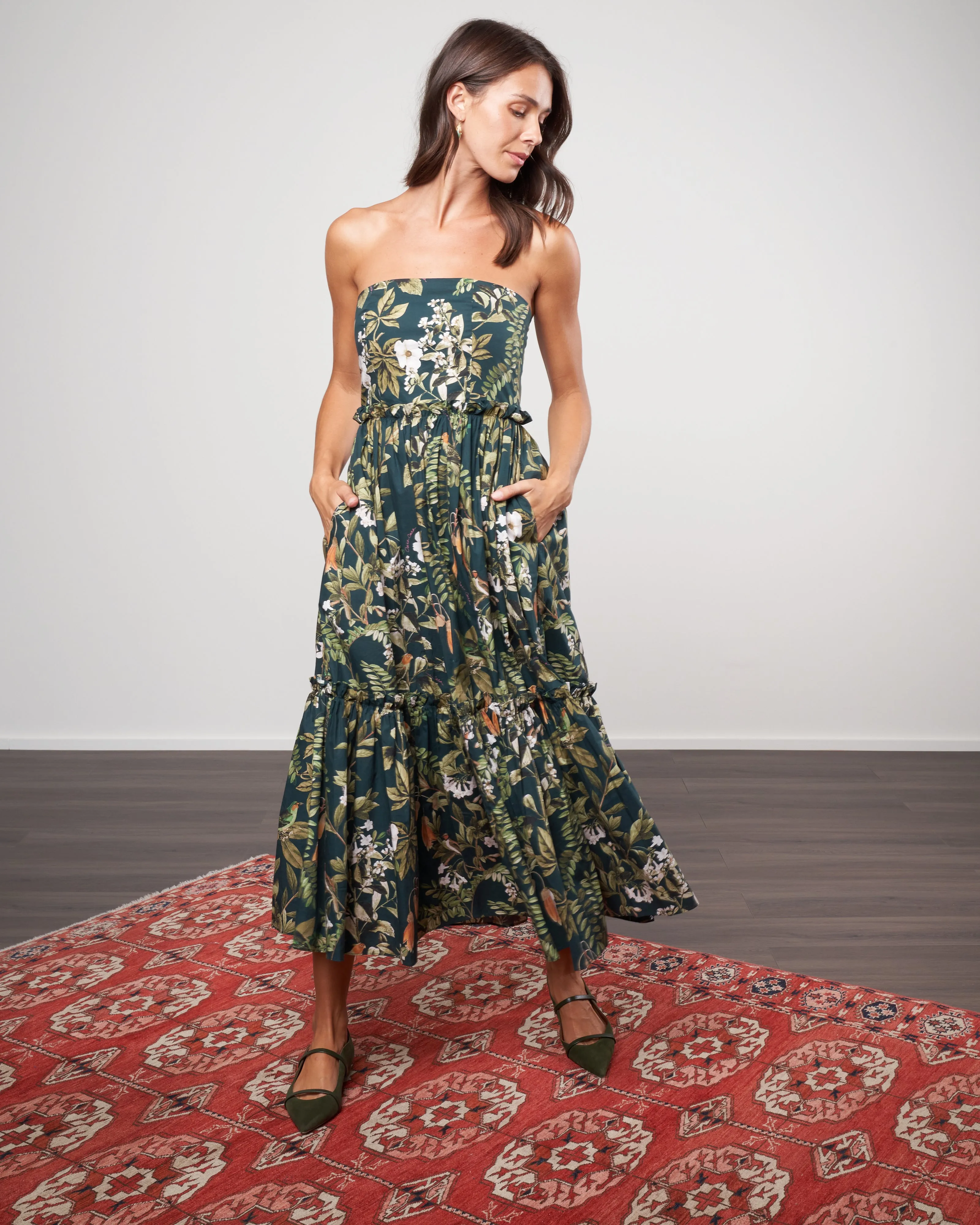 torres dress - botanical birds emerald