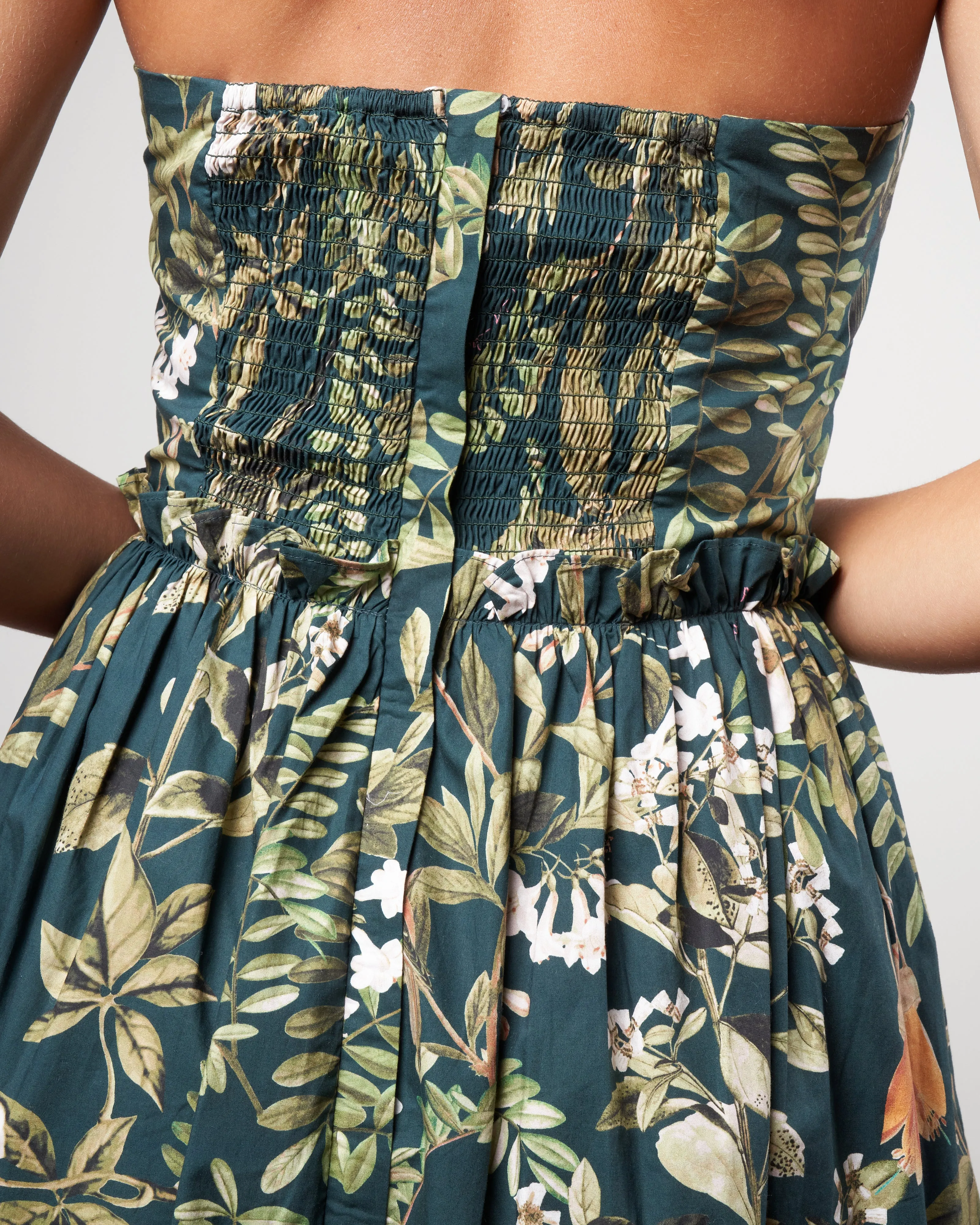 torres dress - botanical birds emerald