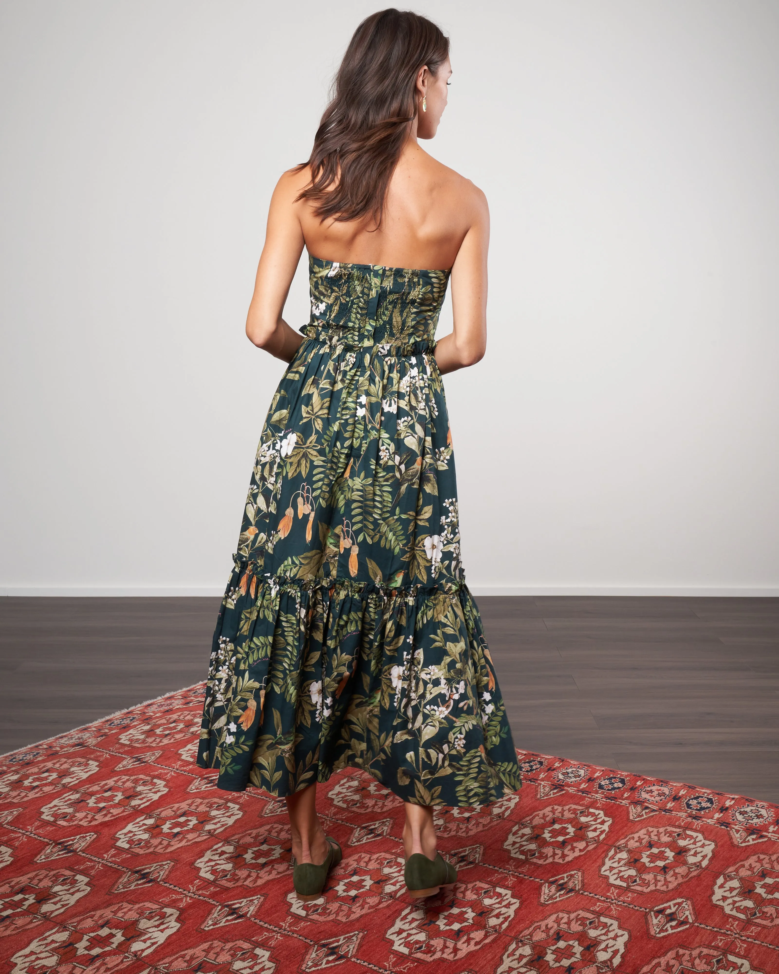 torres dress - botanical birds emerald
