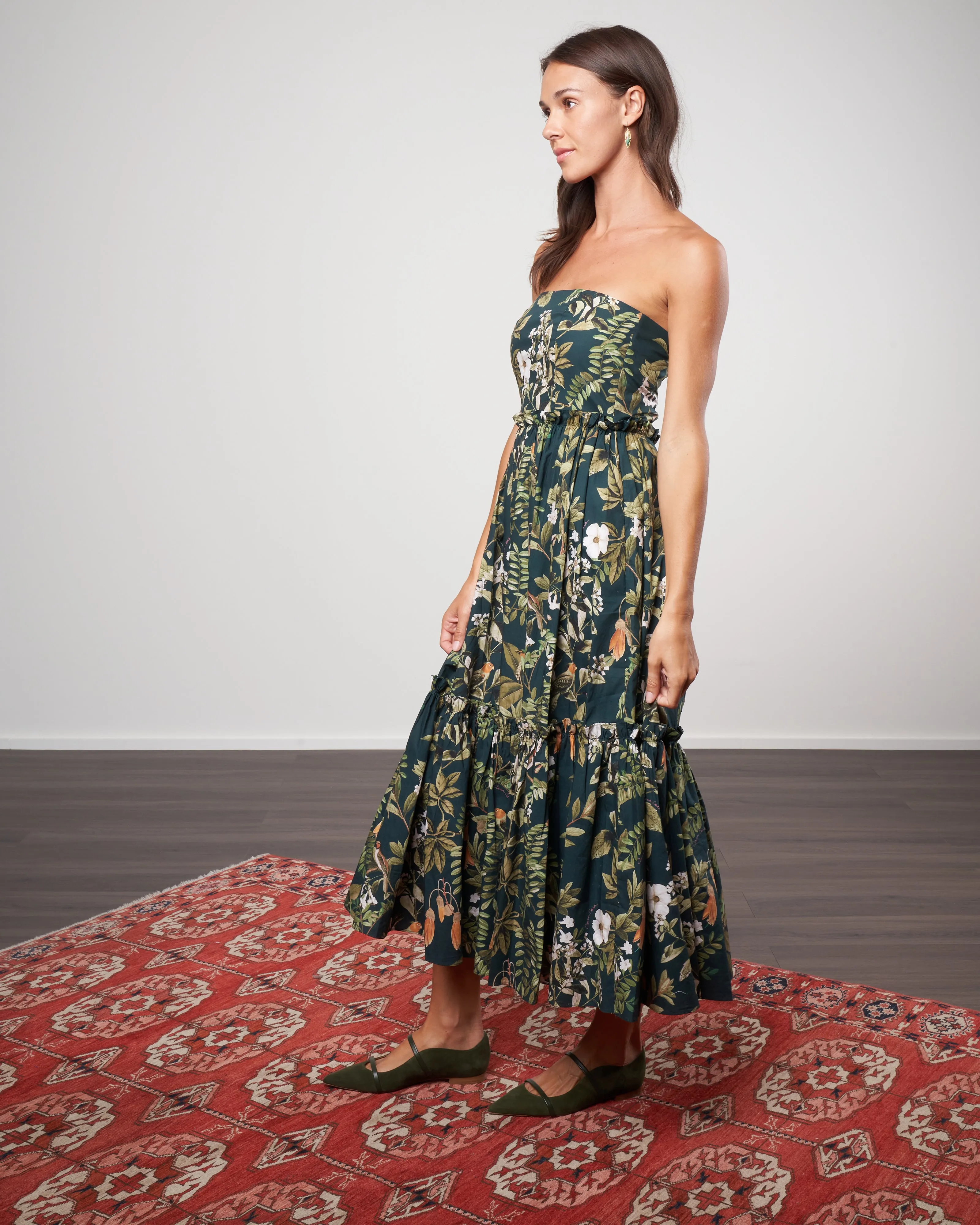 torres dress - botanical birds emerald