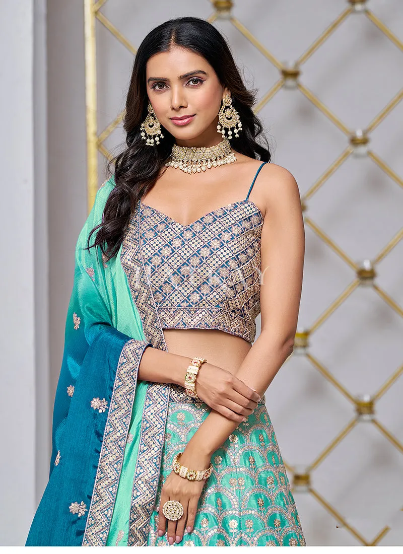 Turquoise Ombré Embroidered Wedding Lehenga Choli