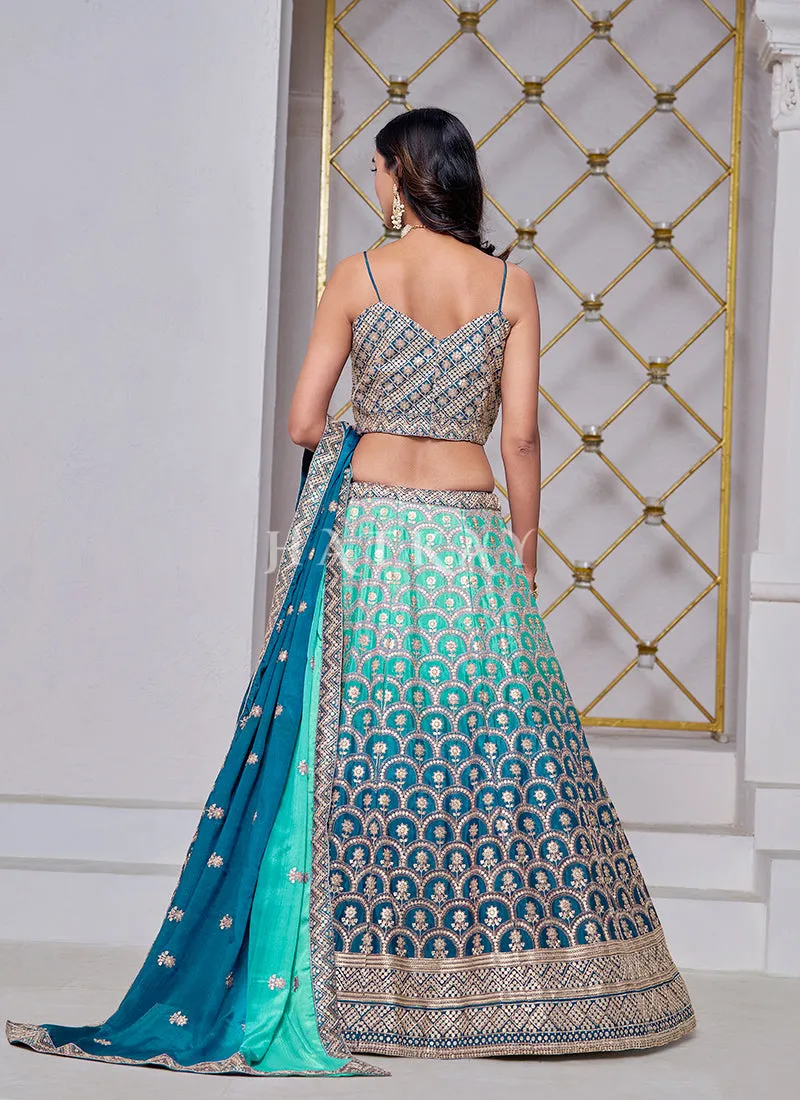 Turquoise Ombré Embroidered Wedding Lehenga Choli
