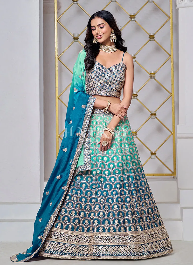 Turquoise Ombré Embroidered Wedding Lehenga Choli