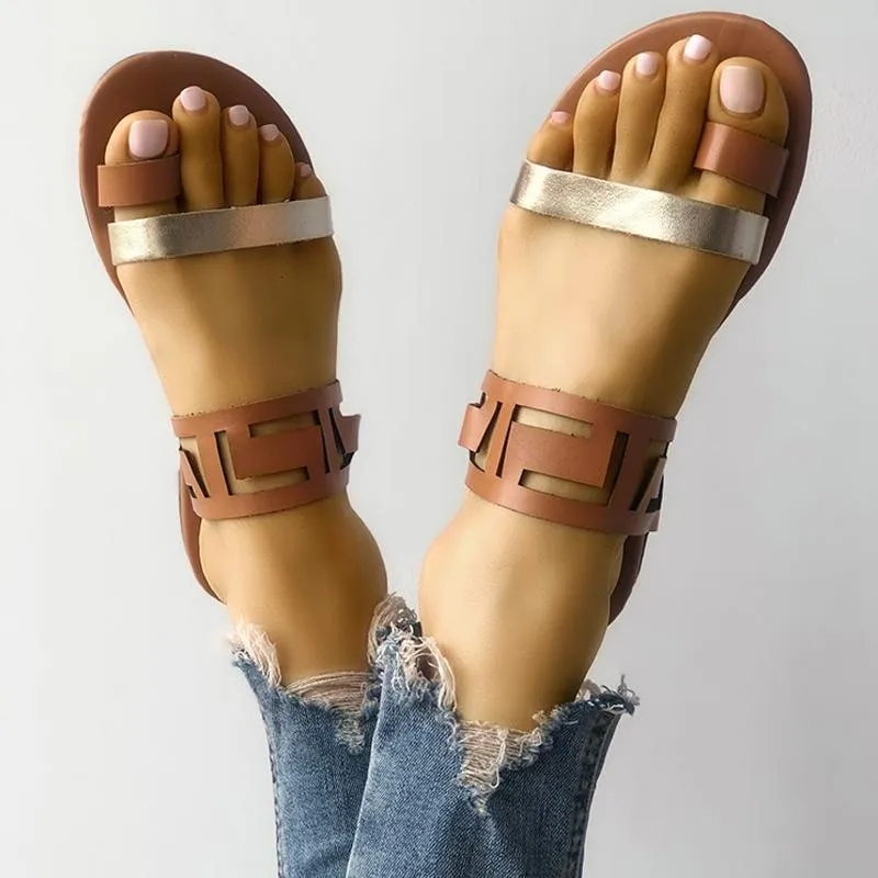 Two Tone Hollow Out Toe Ring Flat Sandals