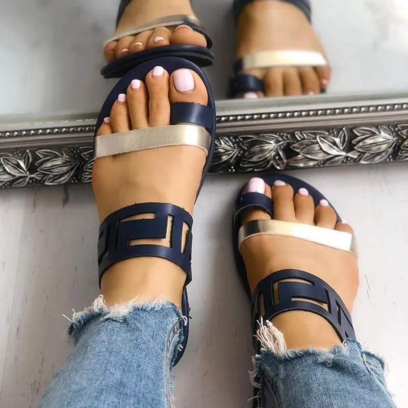 Two Tone Hollow Out Toe Ring Flat Sandals