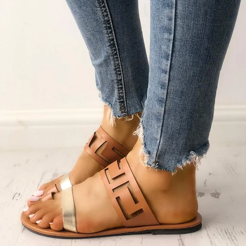 Two Tone Hollow Out Toe Ring Flat Sandals