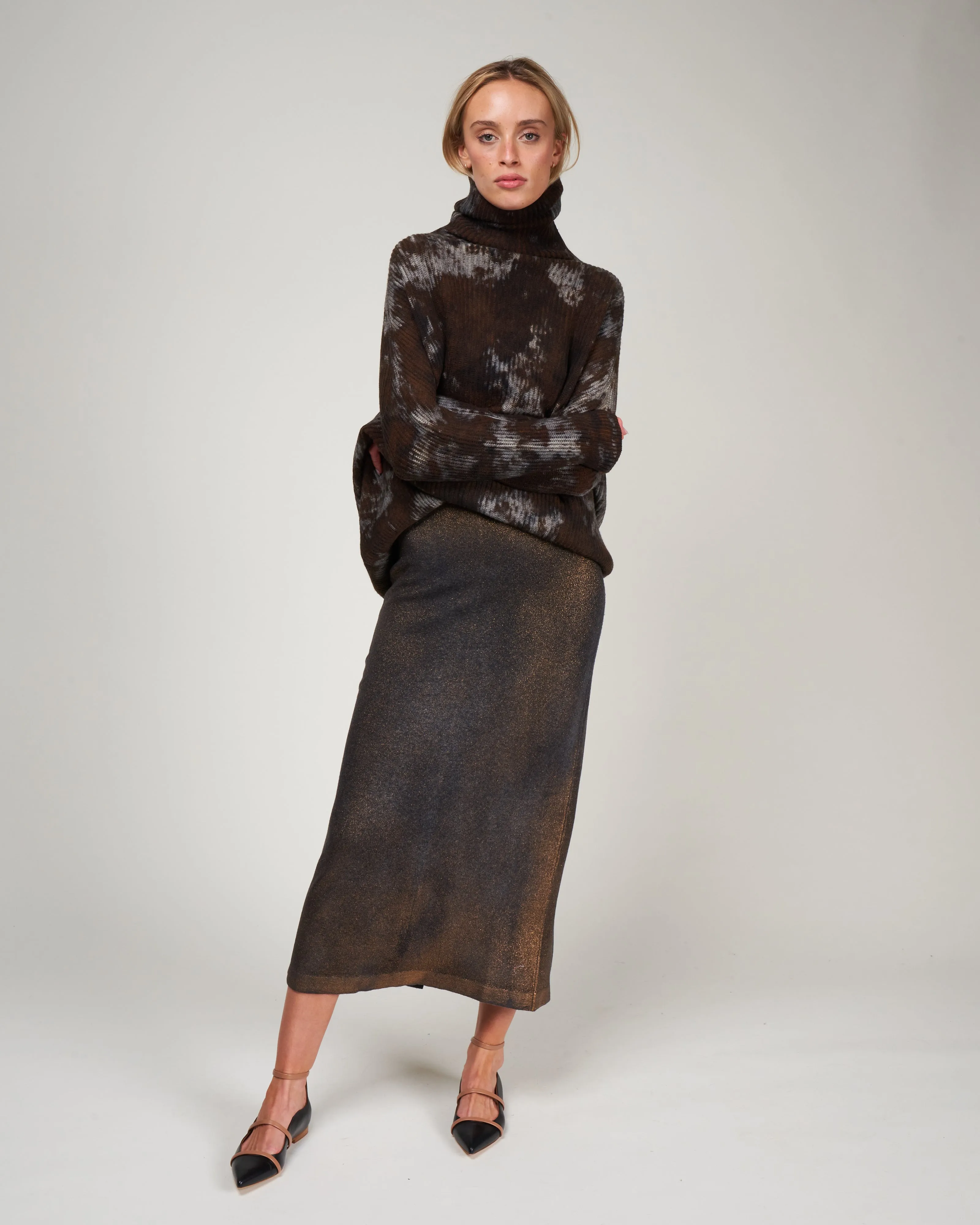 ultralight needle stitched skirt - nero   lamina bronzo