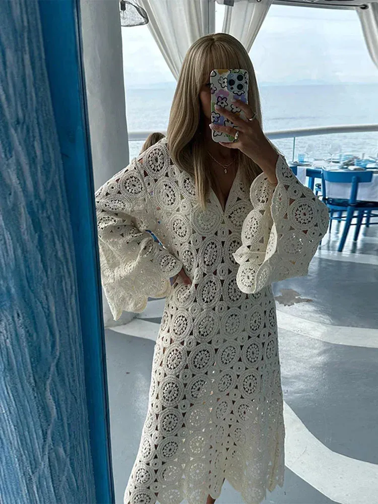 V-Neck Hollowed Out Flare Sleeve Crochet Midi Dress Loose Fit See Through Sexy Party Beach Vacation Dress