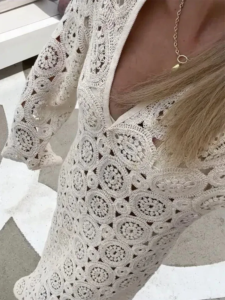 V-Neck Hollowed Out Flare Sleeve Crochet Midi Dress Loose Fit See Through Sexy Party Beach Vacation Dress