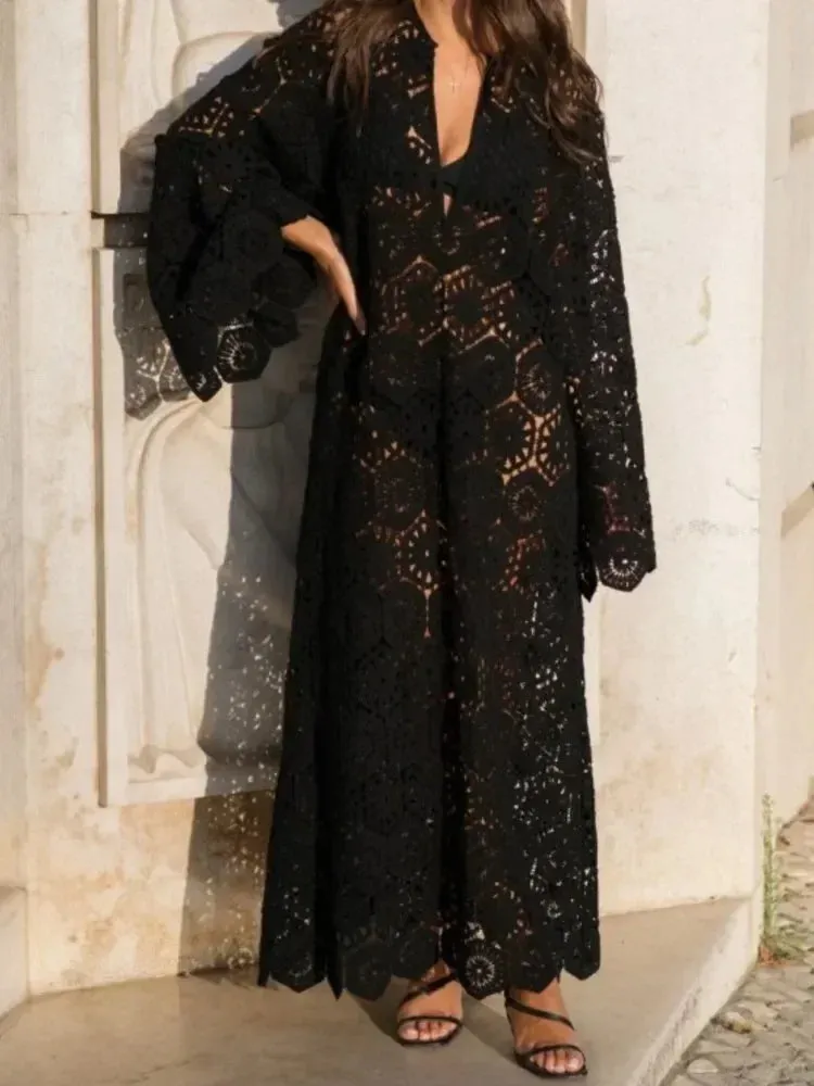 V-Neck Hollowed Out Flare Sleeve Crochet Midi Dress Loose Fit See Through Sexy Party Beach Vacation Dress