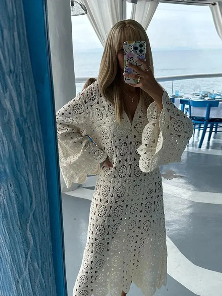 V-Neck Hollowed Out Flare Sleeve Crochet Midi Dress Loose Fit See Through Sexy Party Beach Vacation Dress