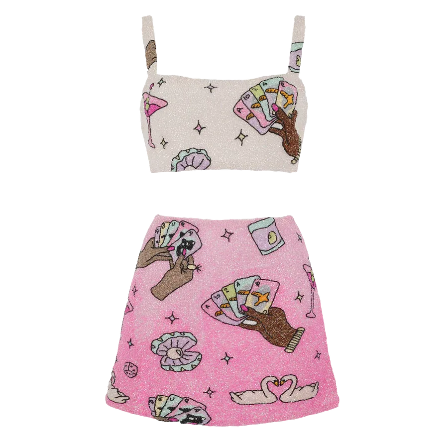 Vegas Beaded Pink Party Beach Co-ord Mini Skirt