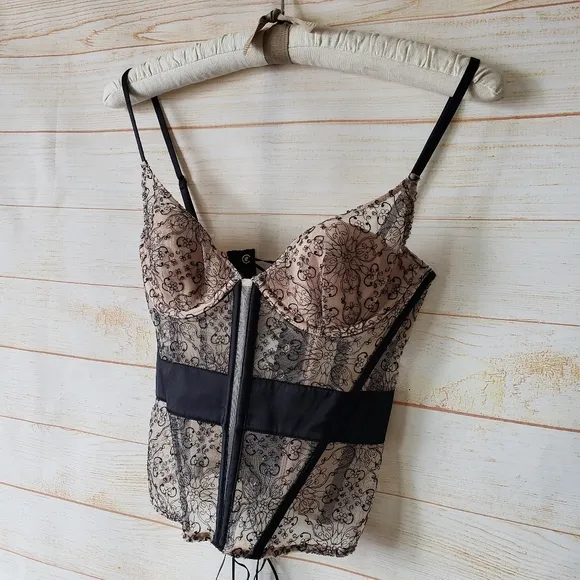 Victoria's Secret Floral Mesh Sheer Bustier Black Nude Women's Size 34C Bust