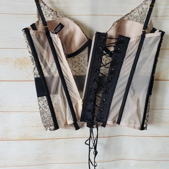 Victoria's Secret Floral Mesh Sheer Bustier Black Nude Women's Size 34C Bust