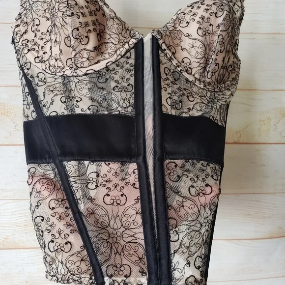Victoria's Secret Floral Mesh Sheer Bustier Black Nude Women's Size 34C Bust