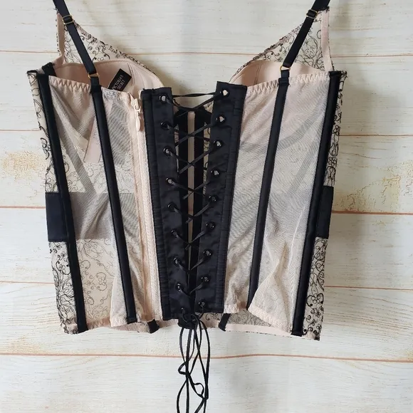 Victoria's Secret Floral Mesh Sheer Bustier Black Nude Women's Size 34C Bust