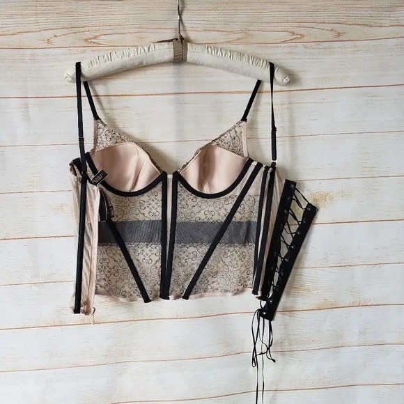 Victoria's Secret Floral Mesh Sheer Bustier Black Nude Women's Size 34C Bust