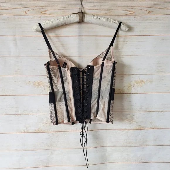 Victoria's Secret Floral Mesh Sheer Bustier Black Nude Women's Size 34C Bust