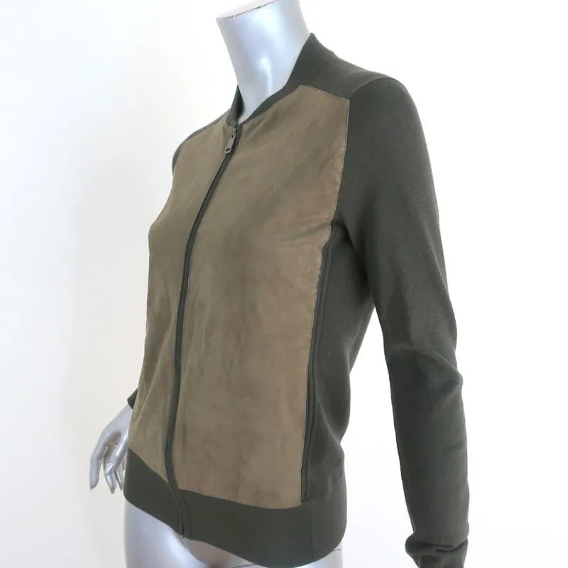 Vince Suede Front Cardigan Olive Wool Size Extra Small Zip-Up Sweater