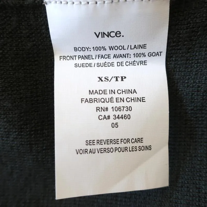 Vince Suede Front Cardigan Olive Wool Size Extra Small Zip-Up Sweater