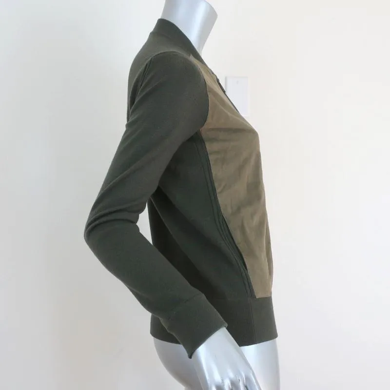 Vince Suede Front Cardigan Olive Wool Size Extra Small Zip-Up Sweater