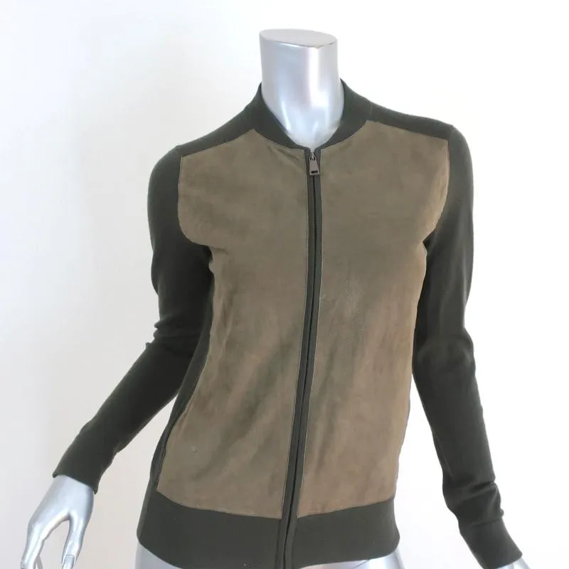 Vince Suede Front Cardigan Olive Wool Size Extra Small Zip-Up Sweater