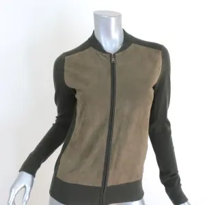 Vince Suede Front Cardigan Olive Wool Size Extra Small Zip-Up Sweater