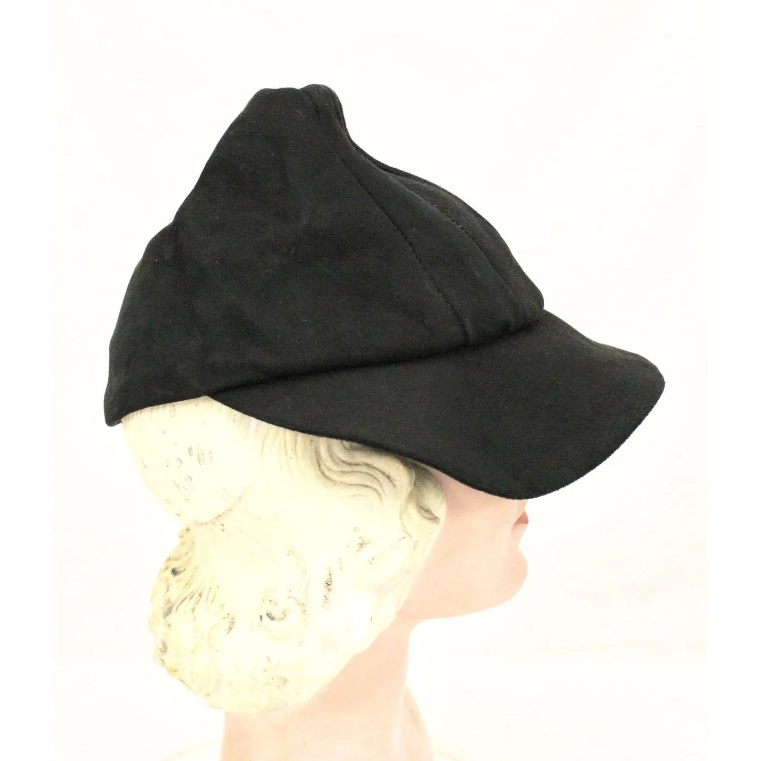 Vintage Black Leather Suede Cap Womens Hat 1930s Military 23" WW2