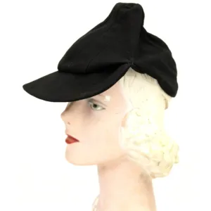 Vintage Black Leather Suede Cap Womens Hat 1930s Military 23" WW2