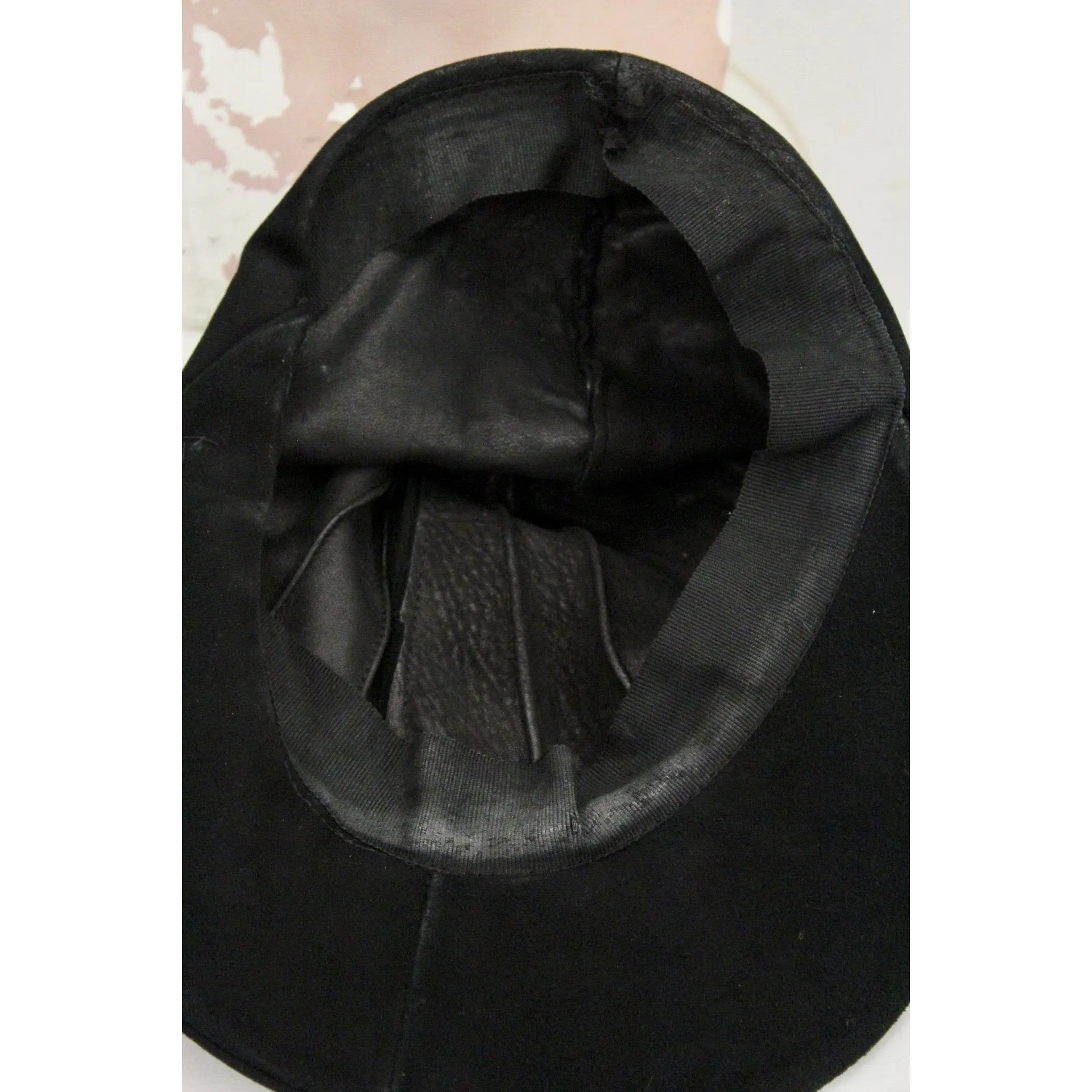 Vintage Black Leather Suede Cap Womens Hat 1930s Military 23" WW2