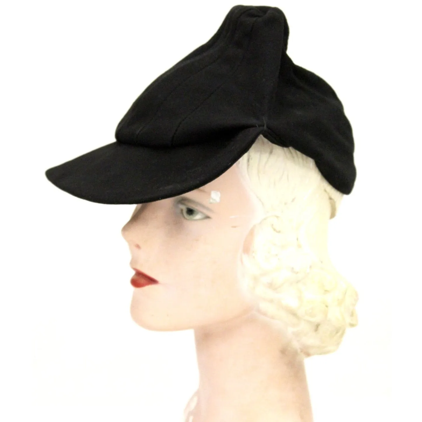 Vintage Black Leather Suede Cap Womens Hat 1930s Military 23" WW2