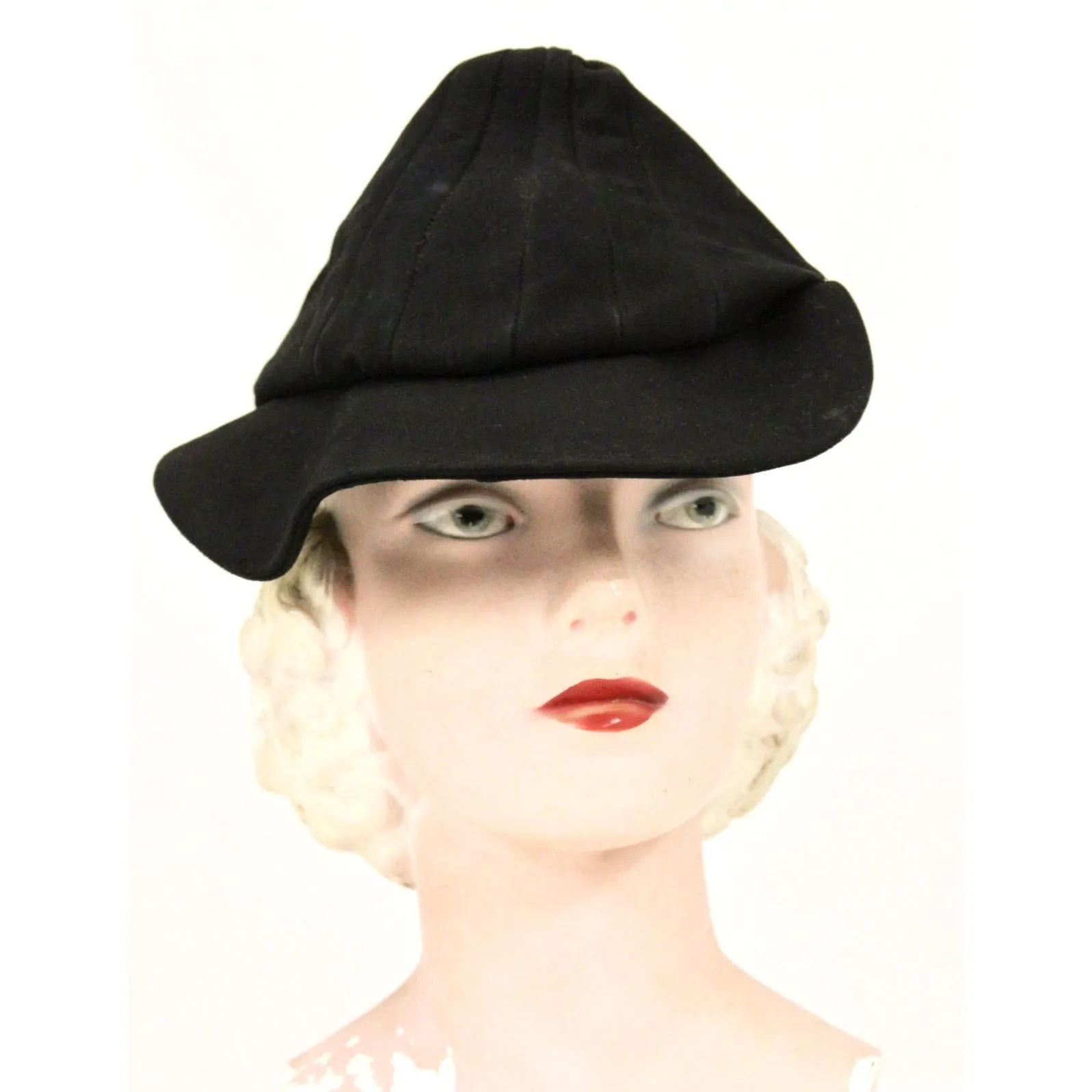 Vintage Black Leather Suede Cap Womens Hat 1930s Military 23" WW2
