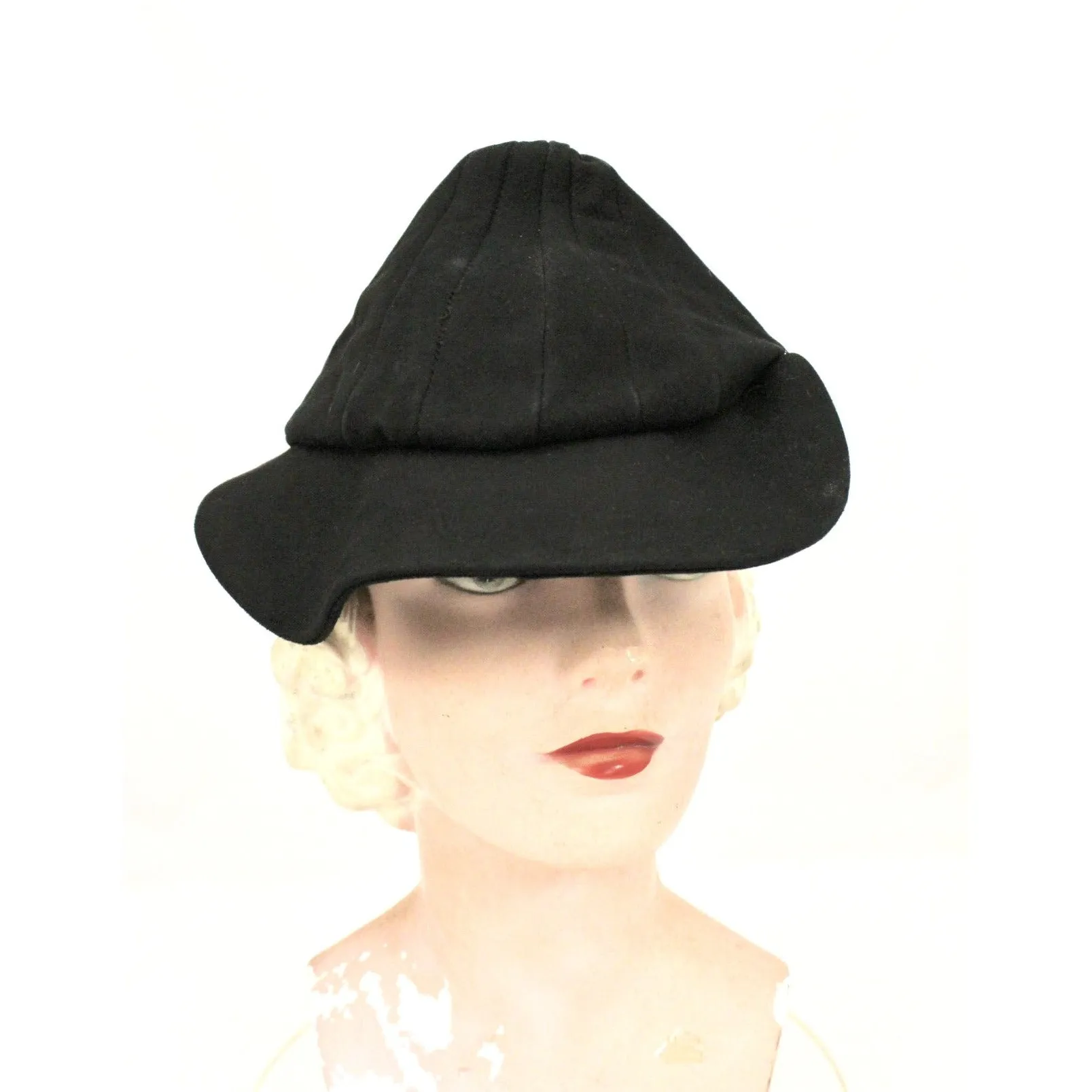 Vintage Black Leather Suede Cap Womens Hat 1930s Military 23" WW2