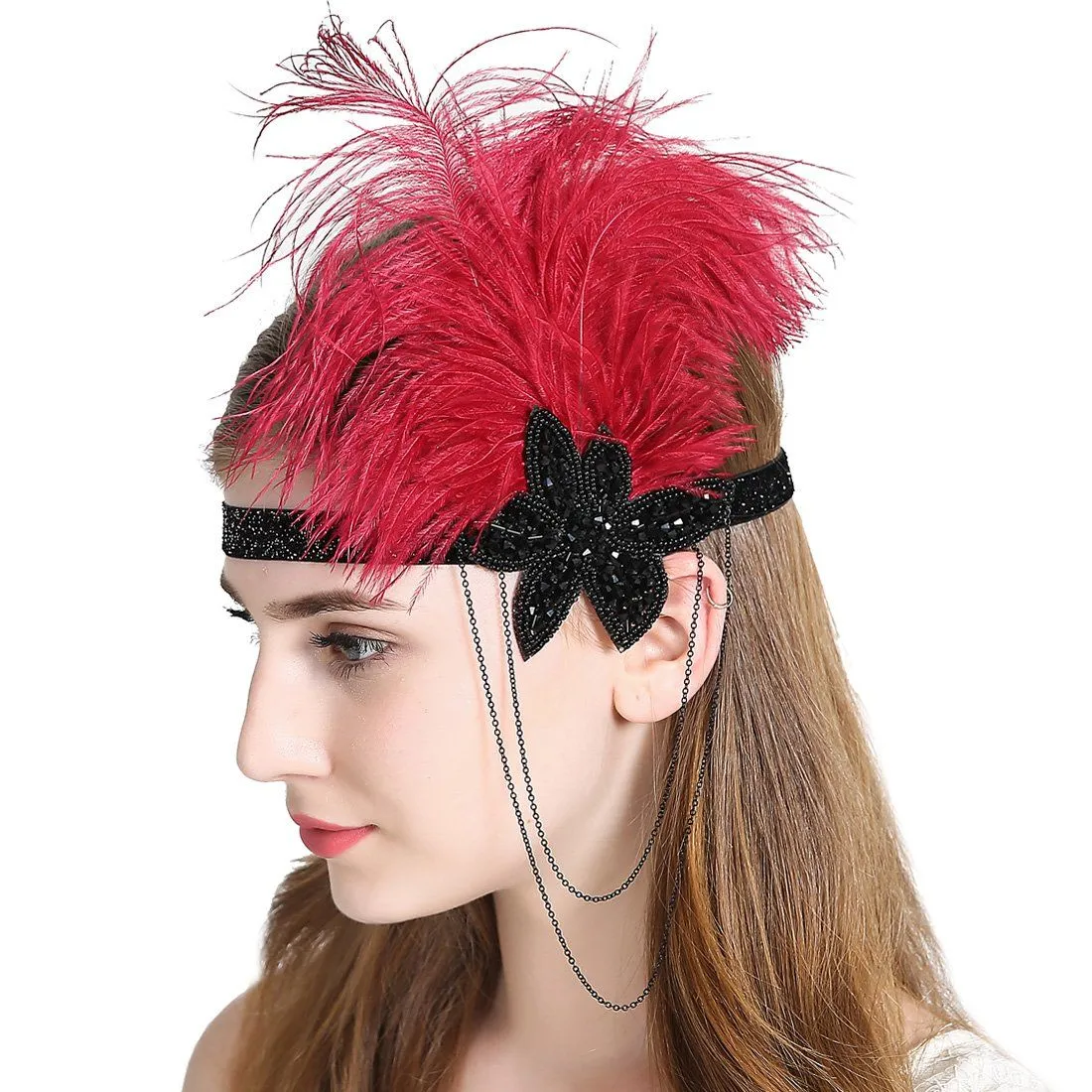 Vintage Feather Flapper Fascinator Tassel Chain Plastic Beads|JaosWish