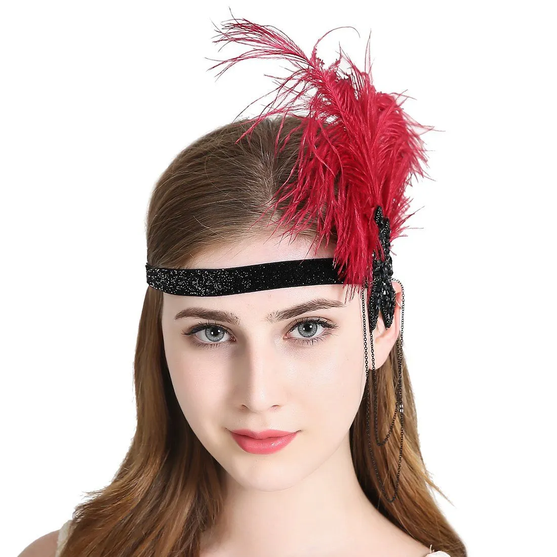 Vintage Feather Flapper Fascinator Tassel Chain Plastic Beads|JaosWish